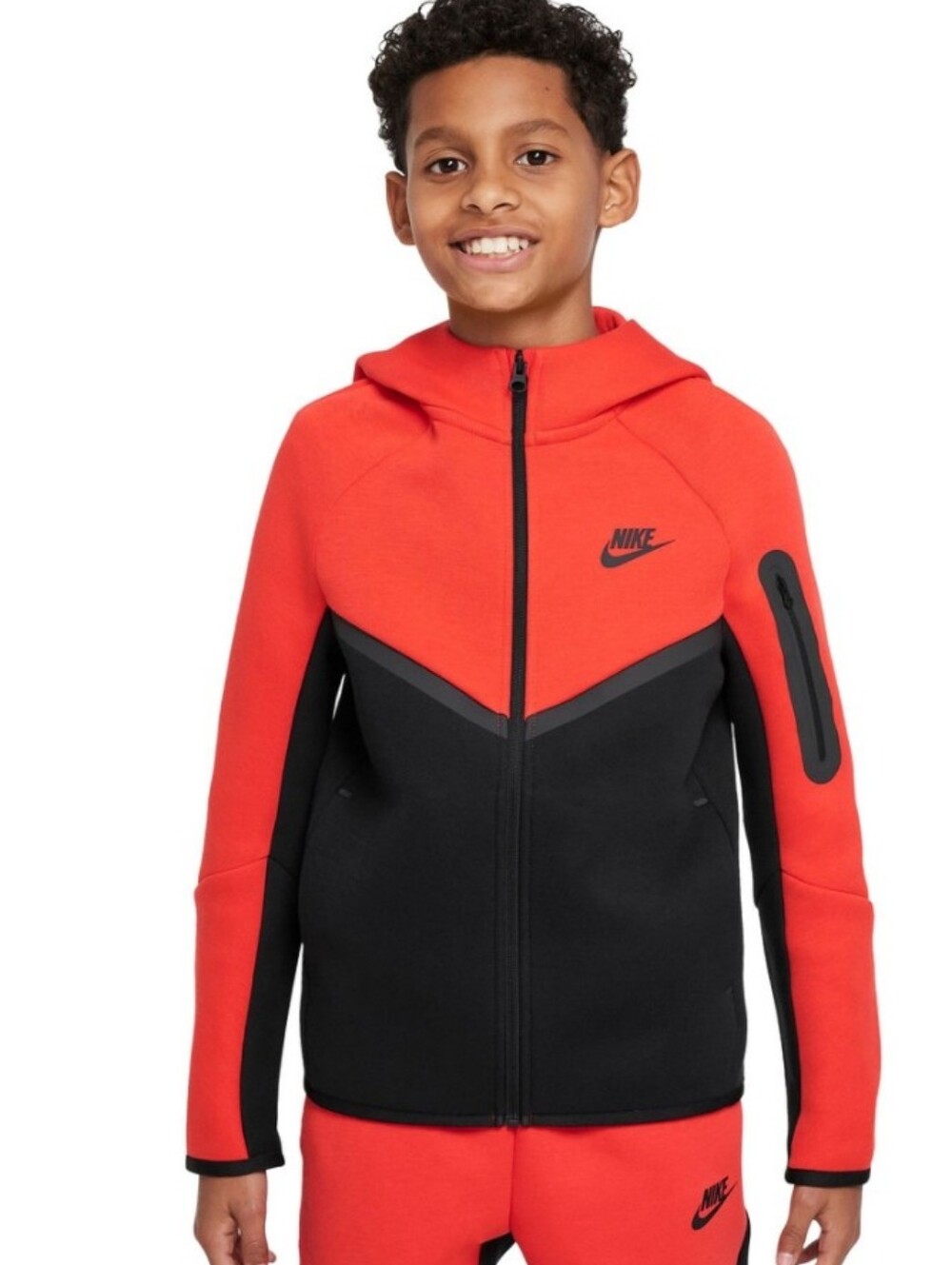 Nike Boys Red/Burnt Orange and Black Tech Fleece Full-Zip Hoodie